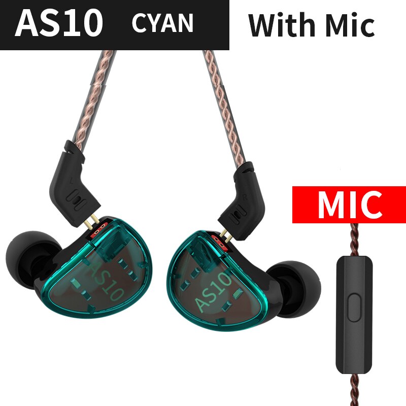Kz  as10 5ba in ear øretelefon hifi monitor headset musik øretelefon generelt  zs10 pro  as12 as16 zsx  v90 c12 c10 a10 ba5 zsn: Cyan med mikrofon
