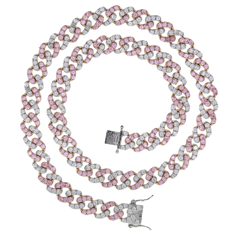 9mm iced out bling cz Miami cuban link chain Two tone With White &Pink cz choker necklace silver color women jewelry: White Pink / 46 cm