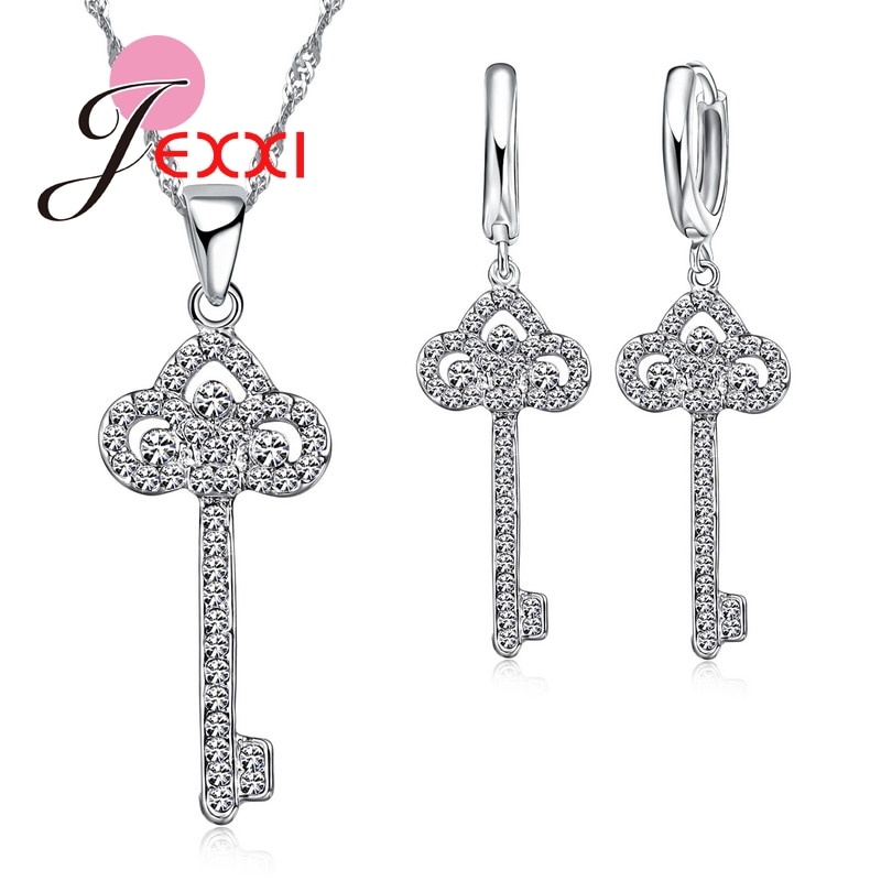 Estilo elegante zircônia cúbica chave pingente colar gota piercing brincos conjuntos de jóias casamento romântico noiva bijoux