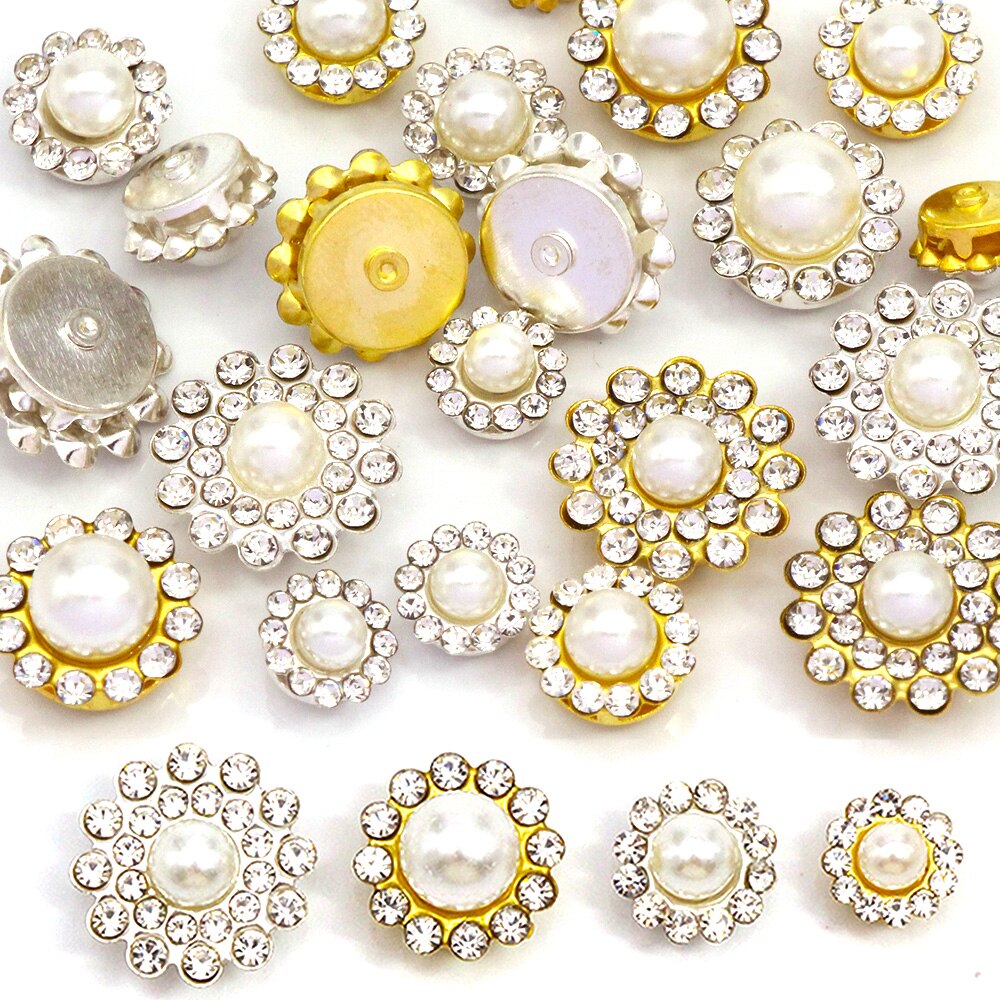 Glitter Crystal 20Pcs Pearl Knoppen Rhinestone Gold/Sliver Platte Achterkant Bloem Steentjes Voor Kleding Diy Jurk Decoratie