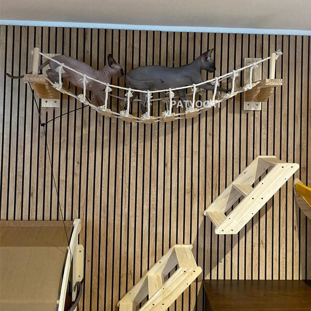 Wall Mounted Cat Climbing Wood Shelves Furniture Cat Bridge and Cat Hammock or Platform with Pedals for Kitten Perch and Rest