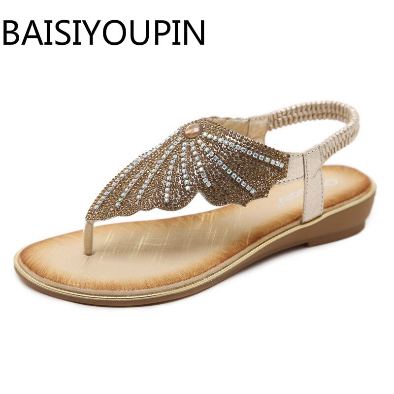European Women Causal Beach Sandals Rhinestone Irregular Flats Flip Flops Large Szie 41 42 All Match Type T Toe