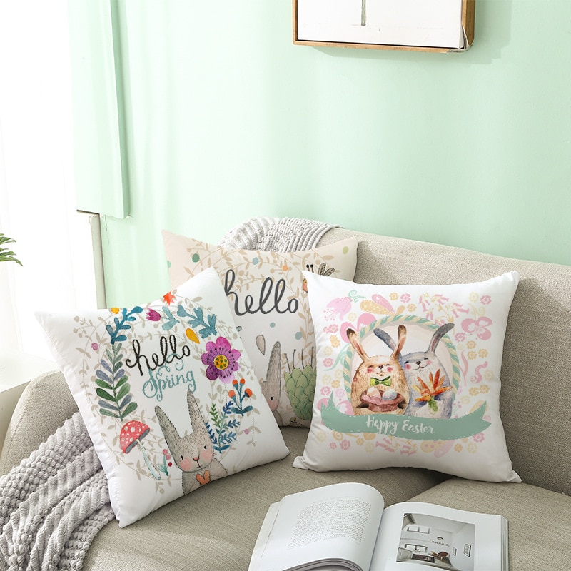 Kids Kussen Print Pasen Leuke Konijn Print Kussen 45*45Cm Case Polyester Sofa Auto Kussen Cover Home Decor funda Rechthoekige