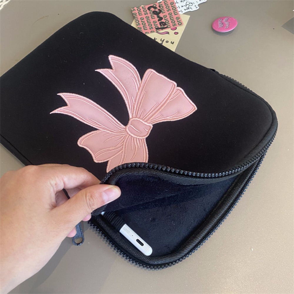 Pc-hoes met roze strik, tablethoes, tas, 11/13/15 inch beschermende laptoptas, geborduurde zwarte computeropbergtas, reistas