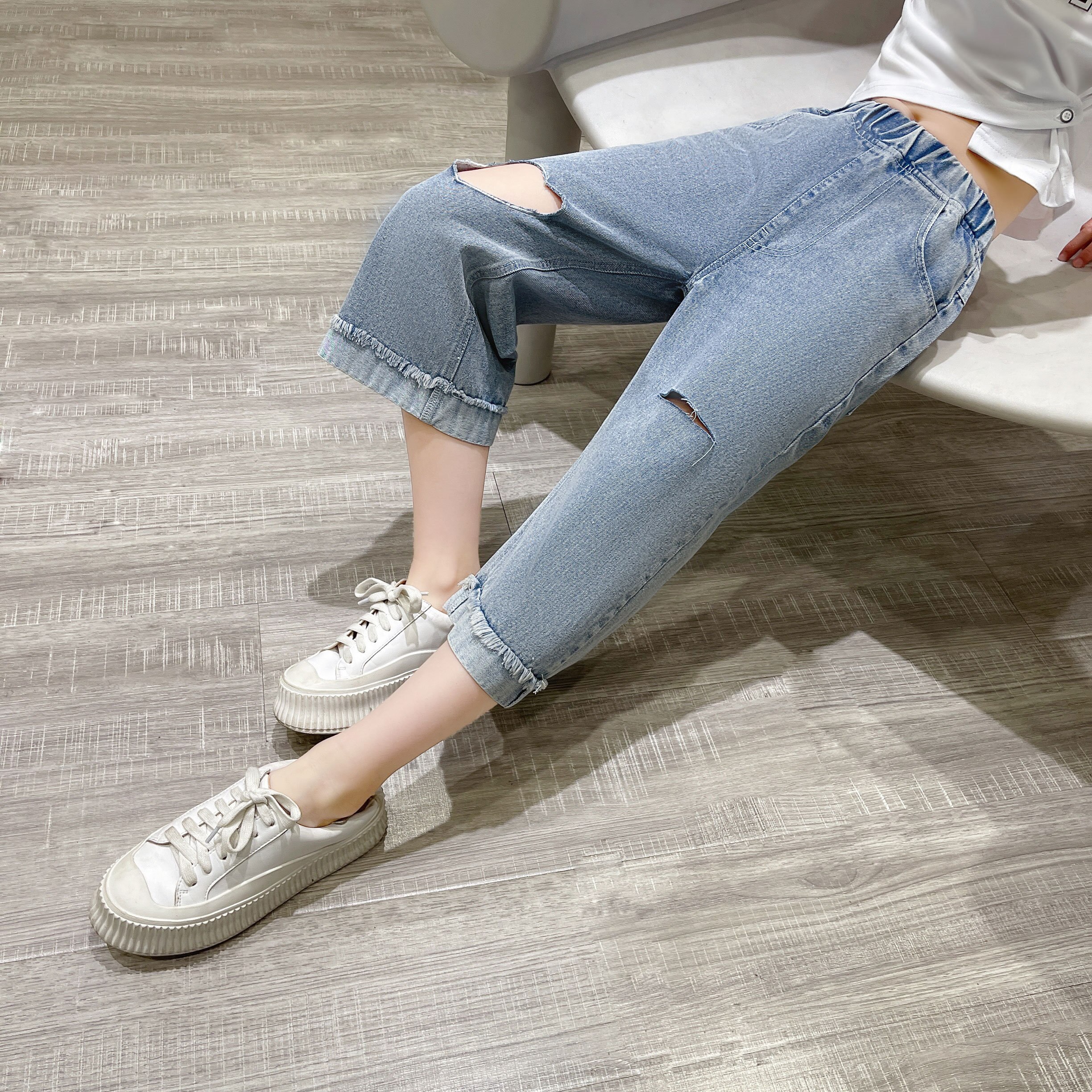 Jeans With Heart Hole Kids Girls Solid Color Thin Denim Capri Pants Teenager Summer Casual Style Student Trousers 4-14Y