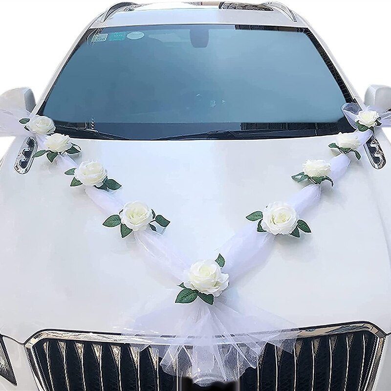 Witte Roos Kunstmatige Bloem Voor Bruiloft Auto Decoratie Hartvormige Bridal Auto Decoraties