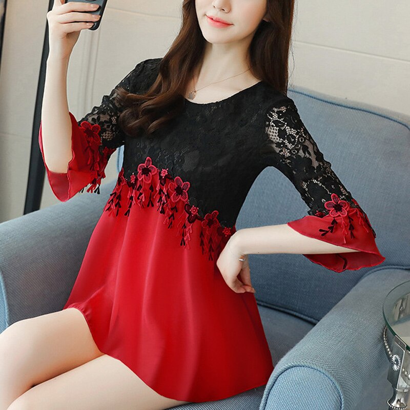 Plus size 3xl 4xl 5xl chiffon dames blouse shirt dames blouses uitgehold kant shirt vrouwen vrouwelijk