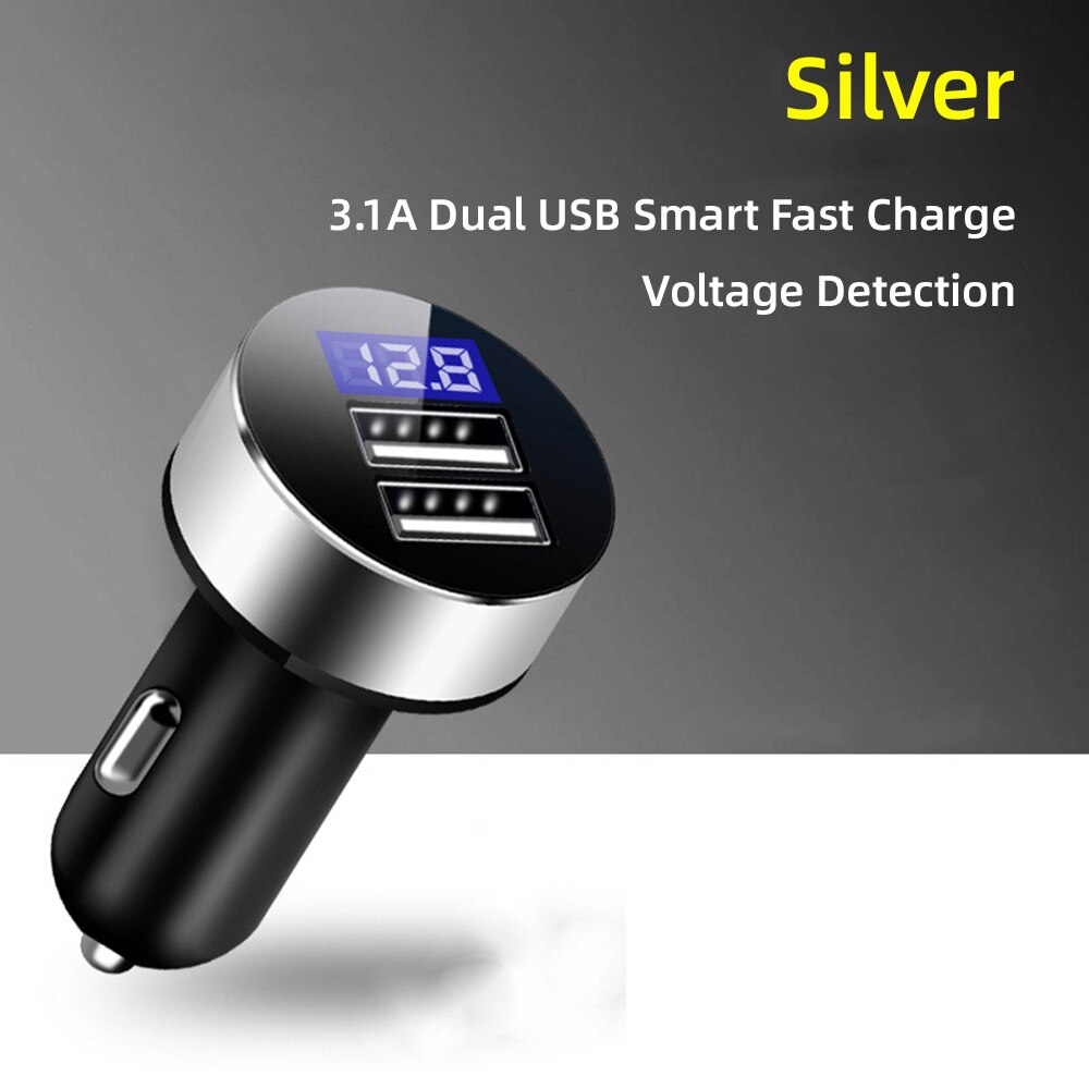 Intelligentes dual-usb-autoladegerät mit schnellladefunktion und  mp3 audioplayern für mobiltelefone, multifunktional für iphone, samsung, huawei und tablets: Silber mit led