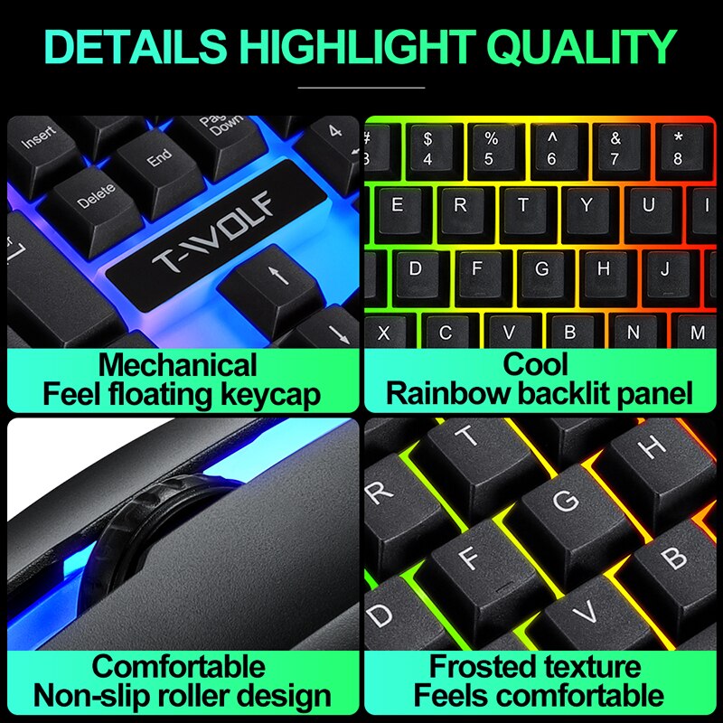 LED keyboard Wired Gaming Mechanical Keyboard Rainbow Backlight Usb Ergonomic Gaming Keyboard and Mouse Set For teclado gamer