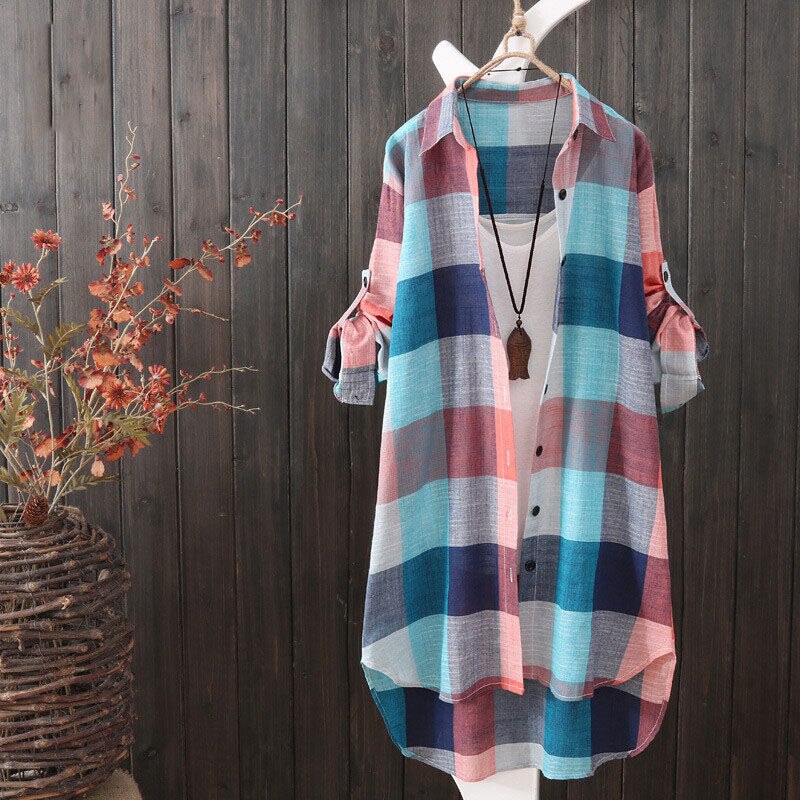 Neploe koreansk sommer solcreme bluse frakke plaid stribet langærmet skjorte mellemlang løs blusas top 4 a 893: Blå / Xxxl