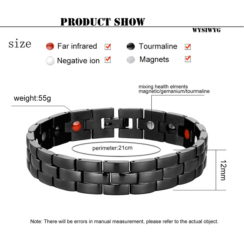 Hommes chauds noir Bracelet main chaîne santé énergie Germanium magnétique Bracelet mâle en acier inoxydable Bracelets pour hommes bijoux