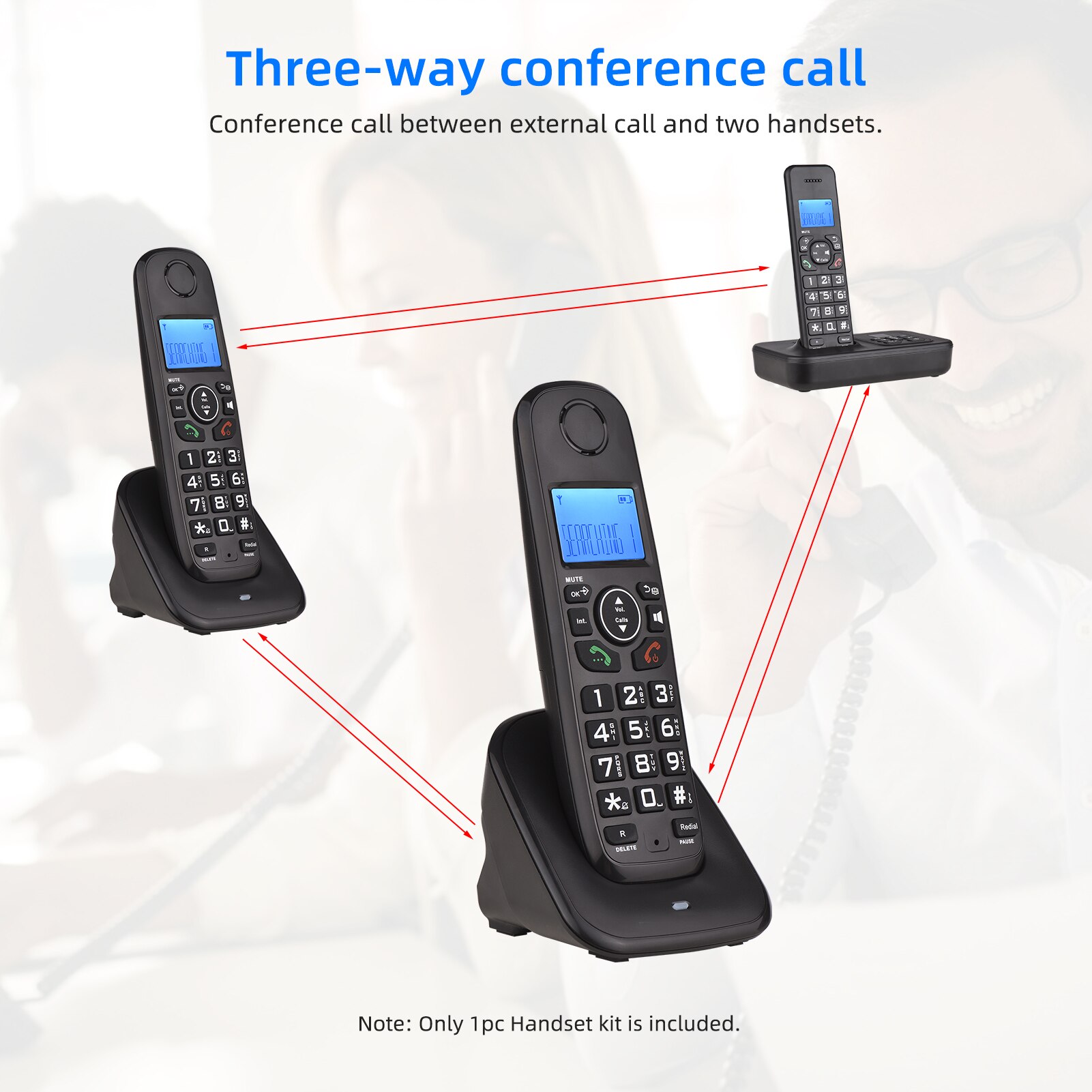 D1001 Expandable Cordless Phone System with 3 Lines LCD Display Caller ID Support 5 Handsets Connection 16 Languages for Office