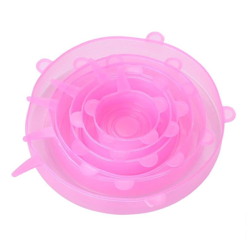 Reusable Silicone Food Cover Elastic Stretch Adjustable Bowl Lids Universal Kitchen Wrap Seal Fruit Keeping Silicone Caps: 6 PCS Pink