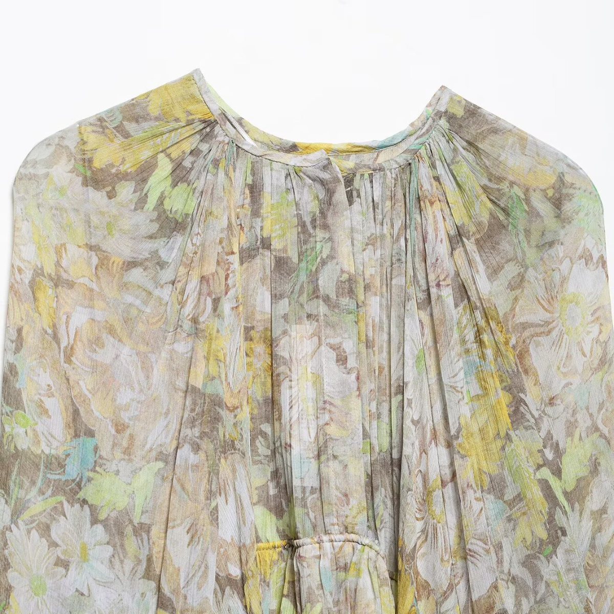 ZBZA - Vestido estampado para mujer, cuello en V, mangas chal, plisado, suelto, falda midi, primavera y verano, , informal, versátil, , falda larga