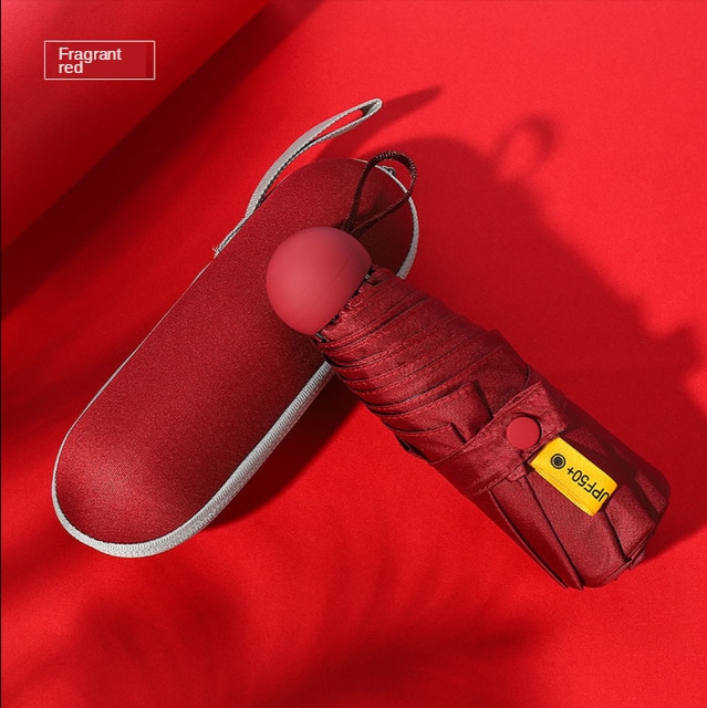 Ultra-Light Small Mini Portable College Style Folding Capsule Five-fold Umbrella Vinyl Sun-resistant UV-Protection College Style: Fragrance Red
