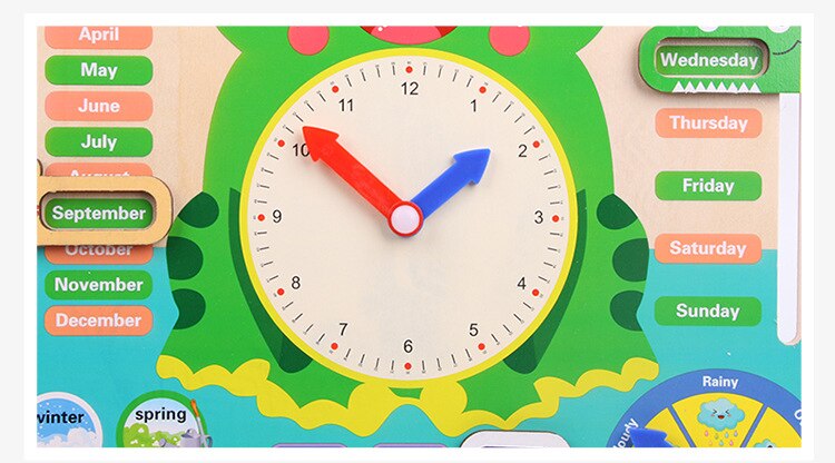 Kinderen Houten Kikker Multifunctionele Vroeg Onderwijs Kalender Klok Kleuterschool Baby Cognitieve Speelgoed Desktop Ornamenten