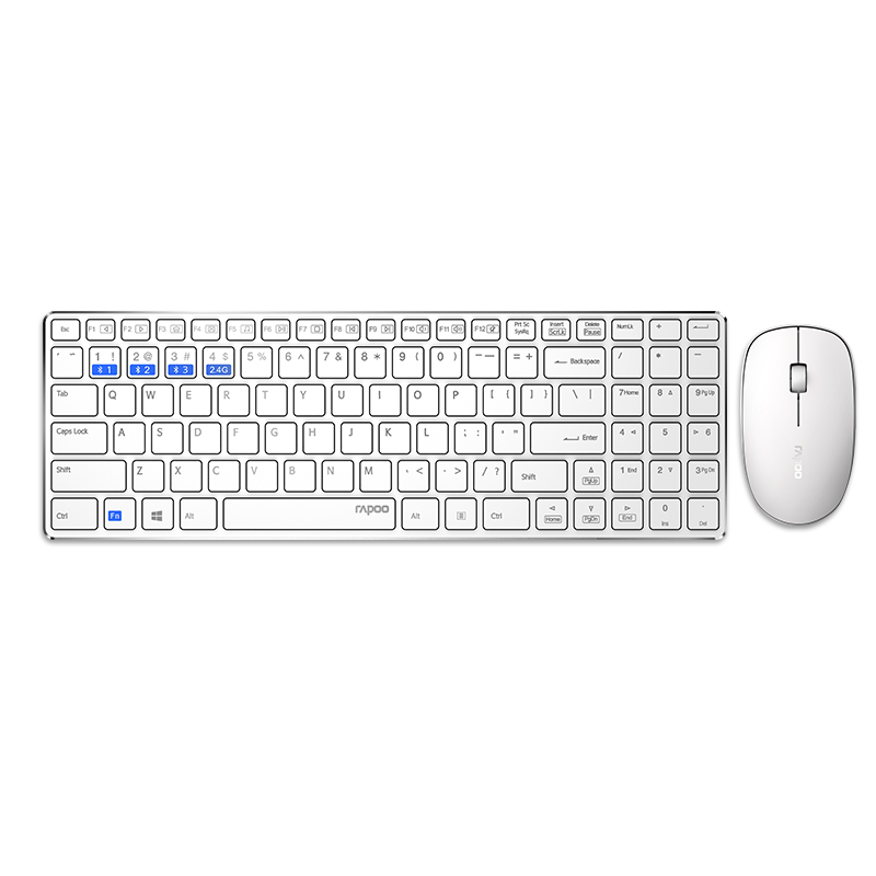 Rapoo 9300M Multi-mode Bluetooth Wireless Russian Keyboard Silent Ultra-Slim Keyboard Optical Mouse Set English/Russian Layout: English Layout White