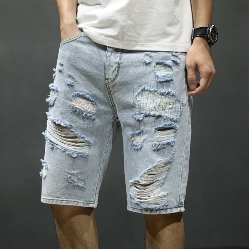 Men Light Blue Denim Shorts Holes Shorts Jeans Good Men Cotton Slim Fit Casual Jeans Shorts Large Size Straight Jeans 42