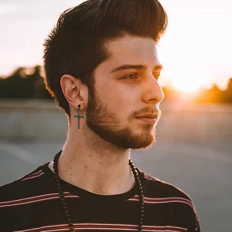 Pendientes de aro Punk negros de acero inoxidable para hombres y mujeres, pequeños colgantes de Cruz redonda de , accesorios de joyería, pendientes