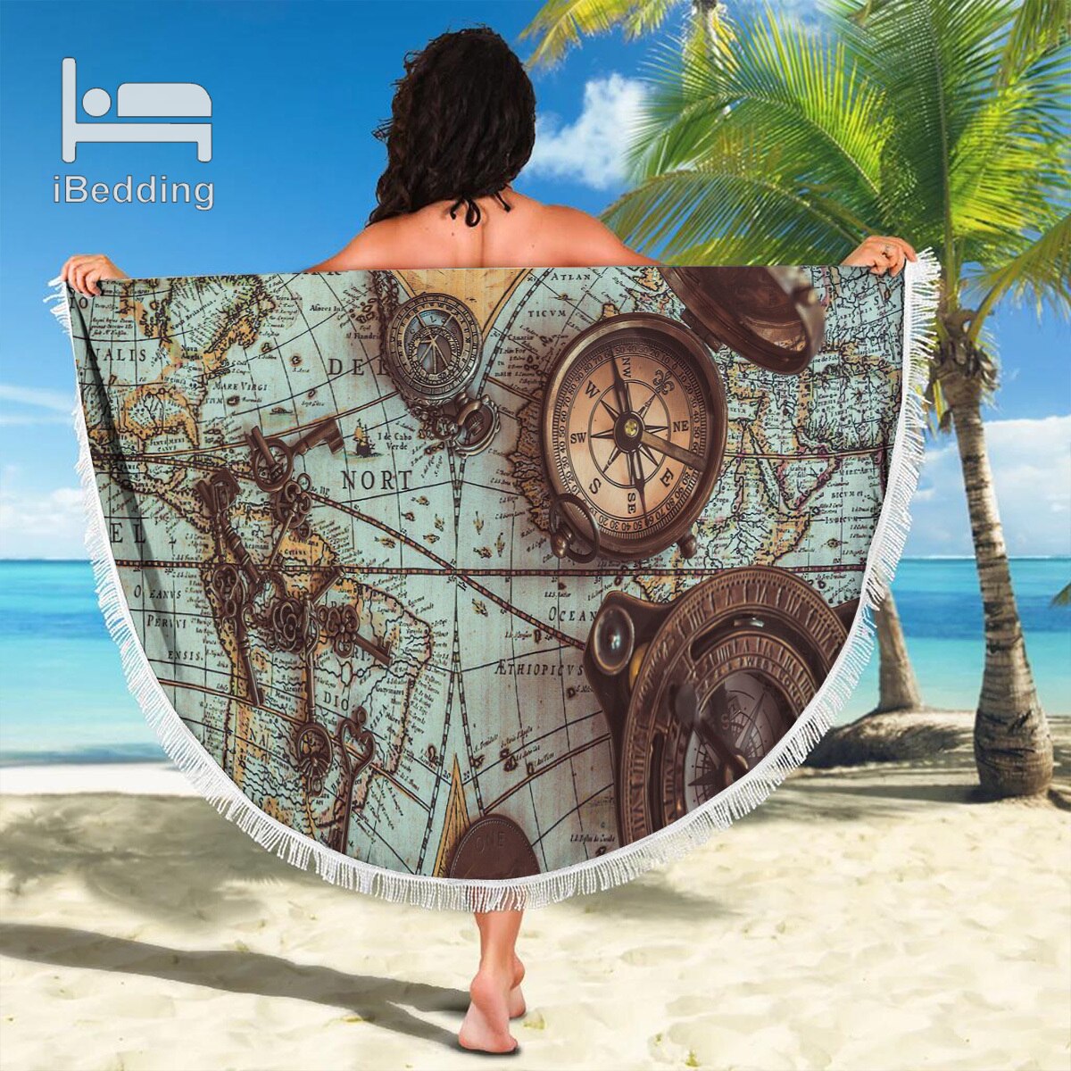 3D Vintage Monde L'île Carte du Monde Couverture de Plage En Microfibre Imprimé 150cm Serviette de Plage Ronde avec Des Glands POD Directe: 2021042456