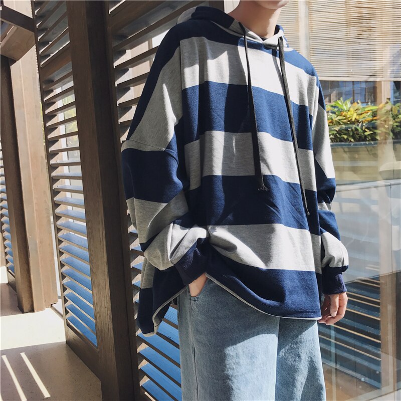 Spring And Autumn Youth Trend Japanese Wild College Wind Boys Leisure Loose Color Hooded Striped