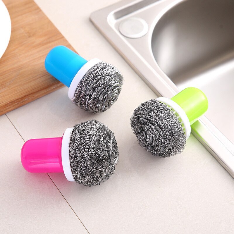 Kitchen Stainless Steel Wire With Handle Clean Brush For Dish Bowl Pan Clean Metal Scrubber Household Cleaning Tools