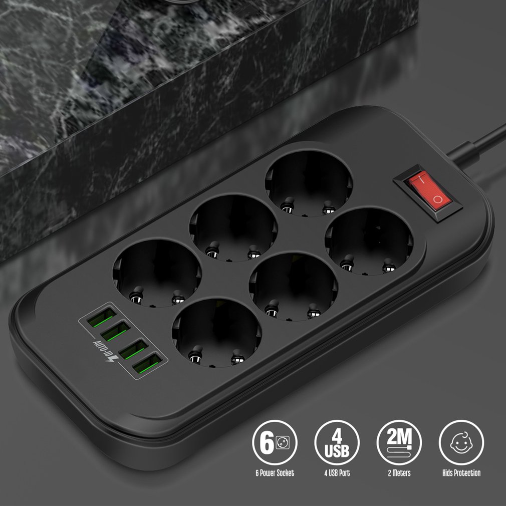 Power outlet 4 USB Phone Charger Multiple Power Sockets 6 EU Outlet Power Strip Charger For Home/Restaurant Charging MobilePhone