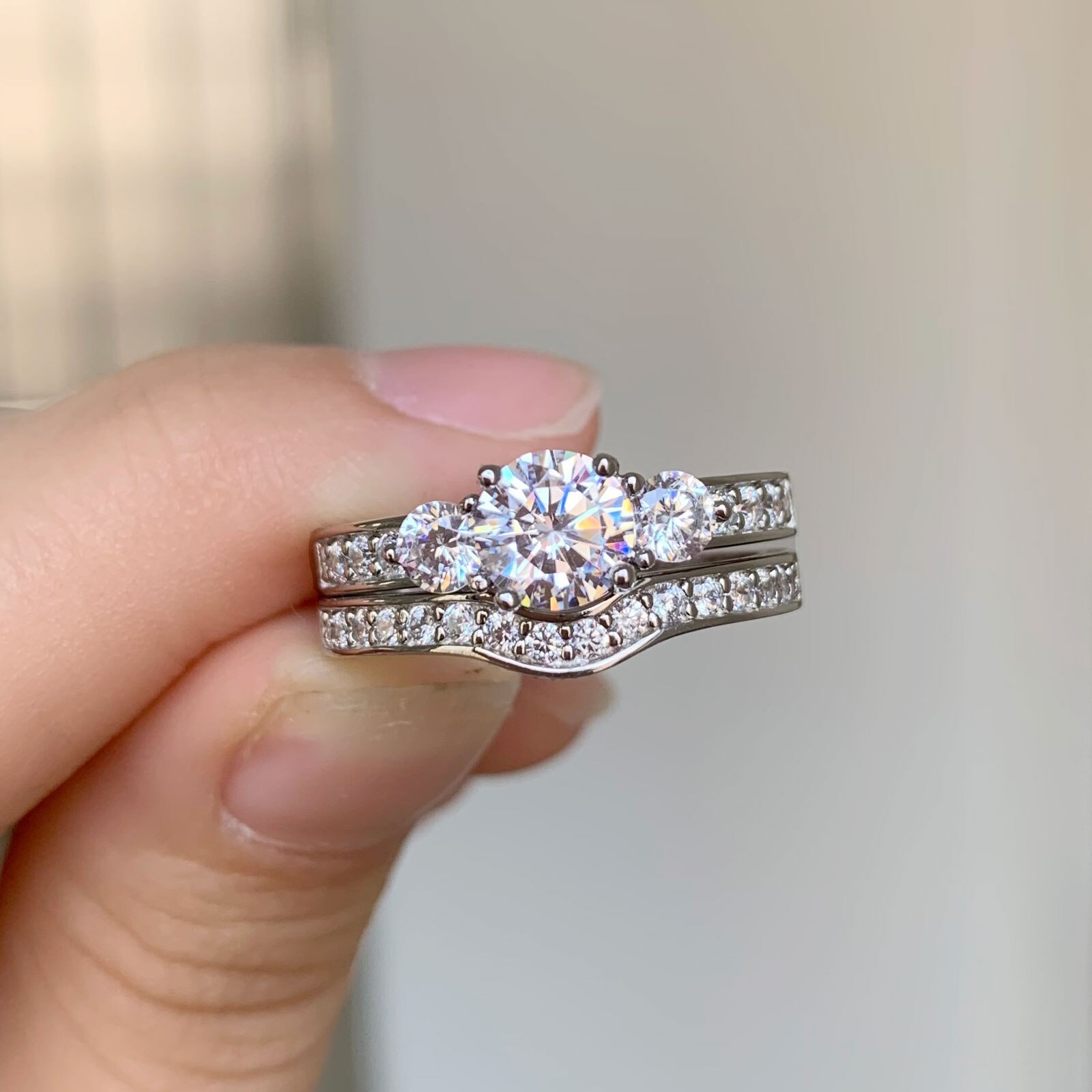 Newshe-Conjunto de 2 anillos de boda de plata 925 sólida para mujer, anillo de compromiso de 3 piedras, joyería clásica nupcial, BR1099