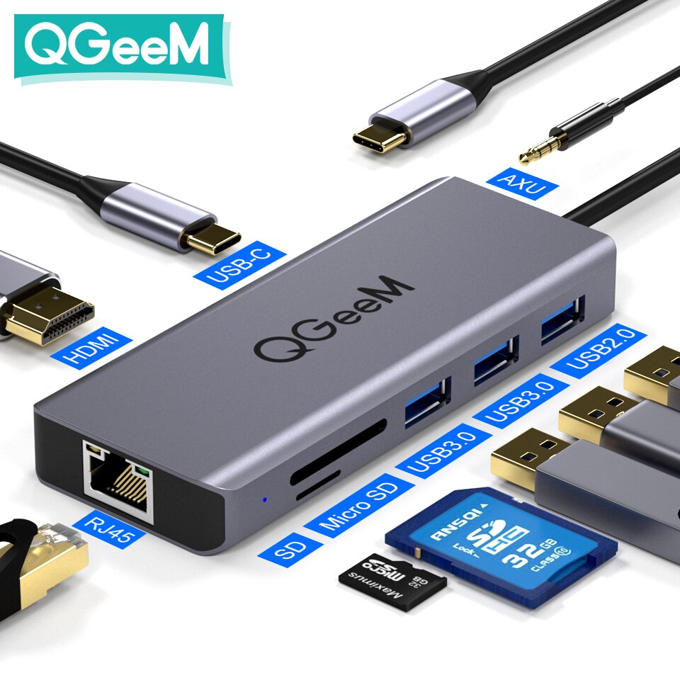QGeeM USB C Hub voor Macbook Pro Air Triple Display Type C Hub naar Dual 4K HDMI & DP SD Micro SD-kaartlezers RJ45 Aux PD-oplader OTG Multi USB Hub Type C Dock 3.0 Adapter Splitter voor Notebook Laptops PC-accessoires: 9 Ports RJ45 Alu
