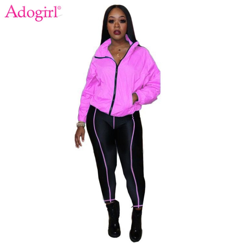 Adogirl Fluorescent Green Women Tracksuit Athleisure Two Piece Set Stand Collar Long Sleeve Jacket Coat Skinny Pants Sportswear