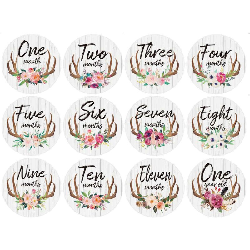 12Pcs/Set Baby Monthly Stickers and Milestone Stickers Neutral Baby's First Year Month: Antler months cards