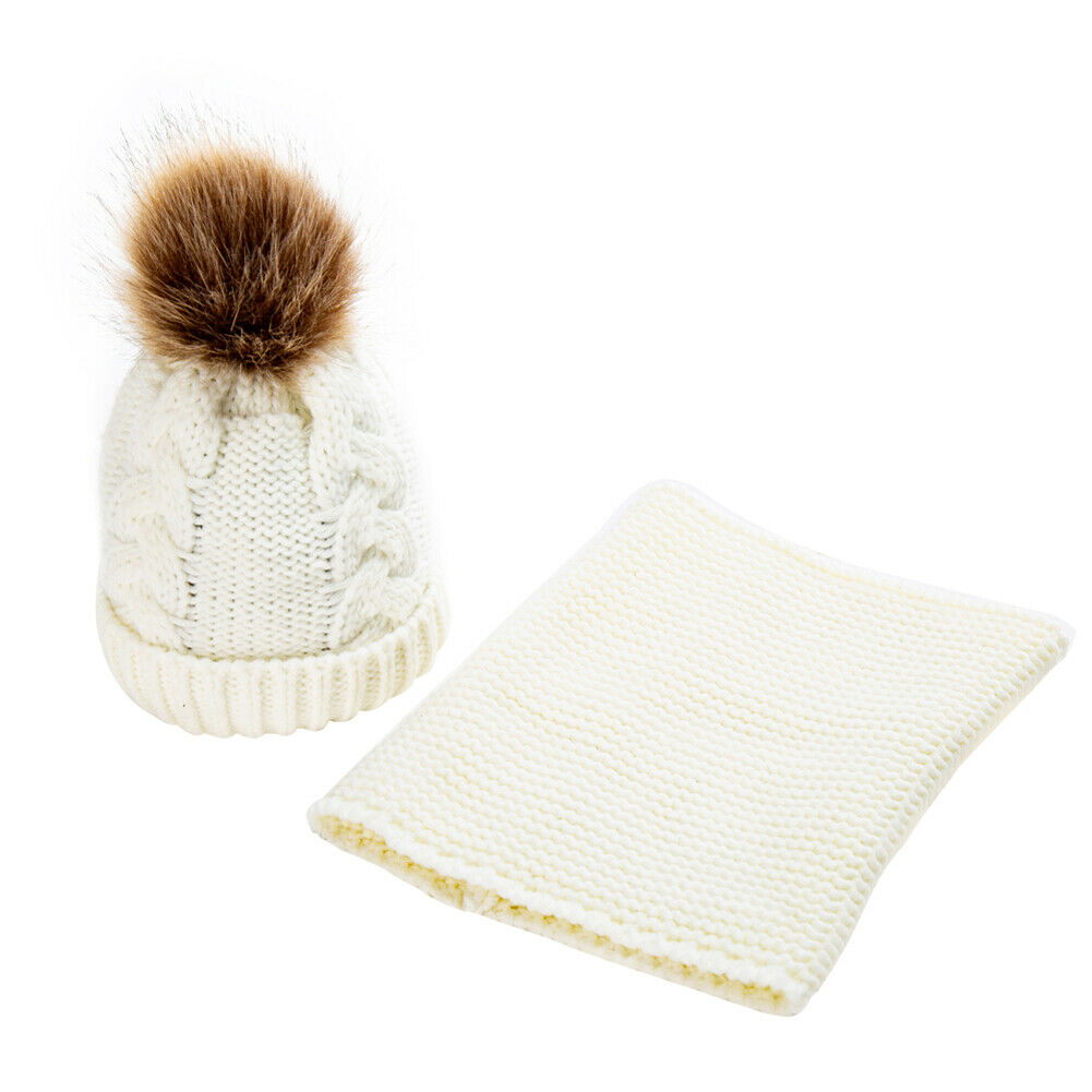 Børn børn dreng piger pom hat vinter varm hæklet strik bobble beanie cap + tørklæde sæt: Hvid