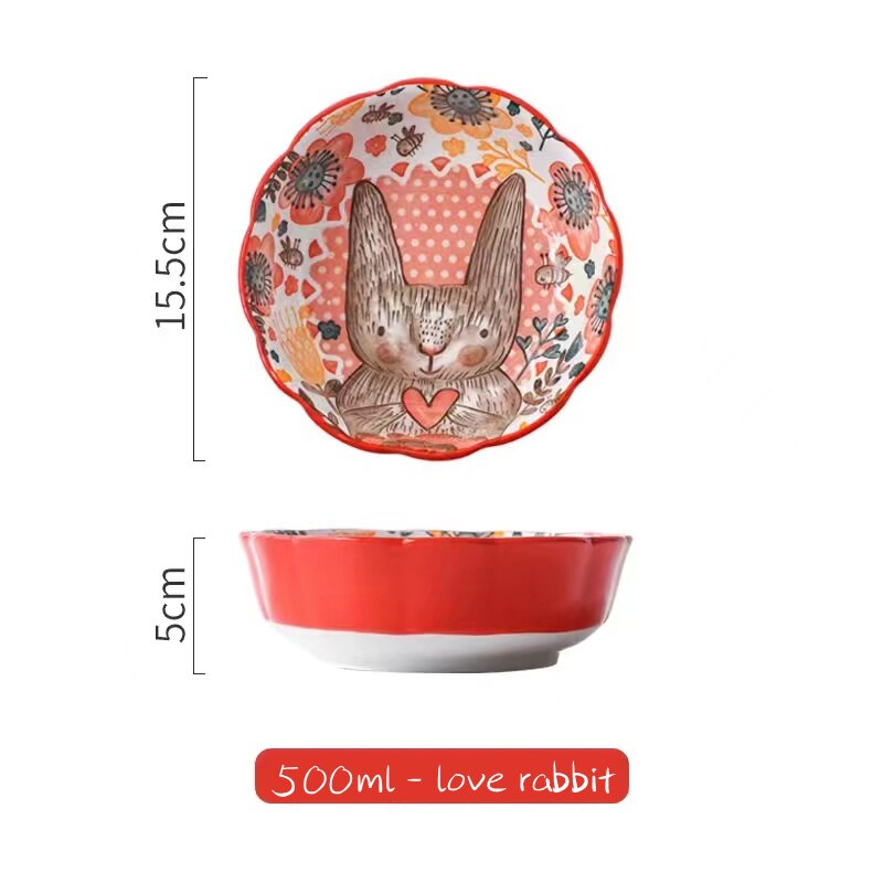 Ceramic Salad Bowl Forest Animal Porcelain Soup Bowls Children Kitcehn Rice Dessert Snack Mixing Bowl Kitchen Supplies: love rabbit
