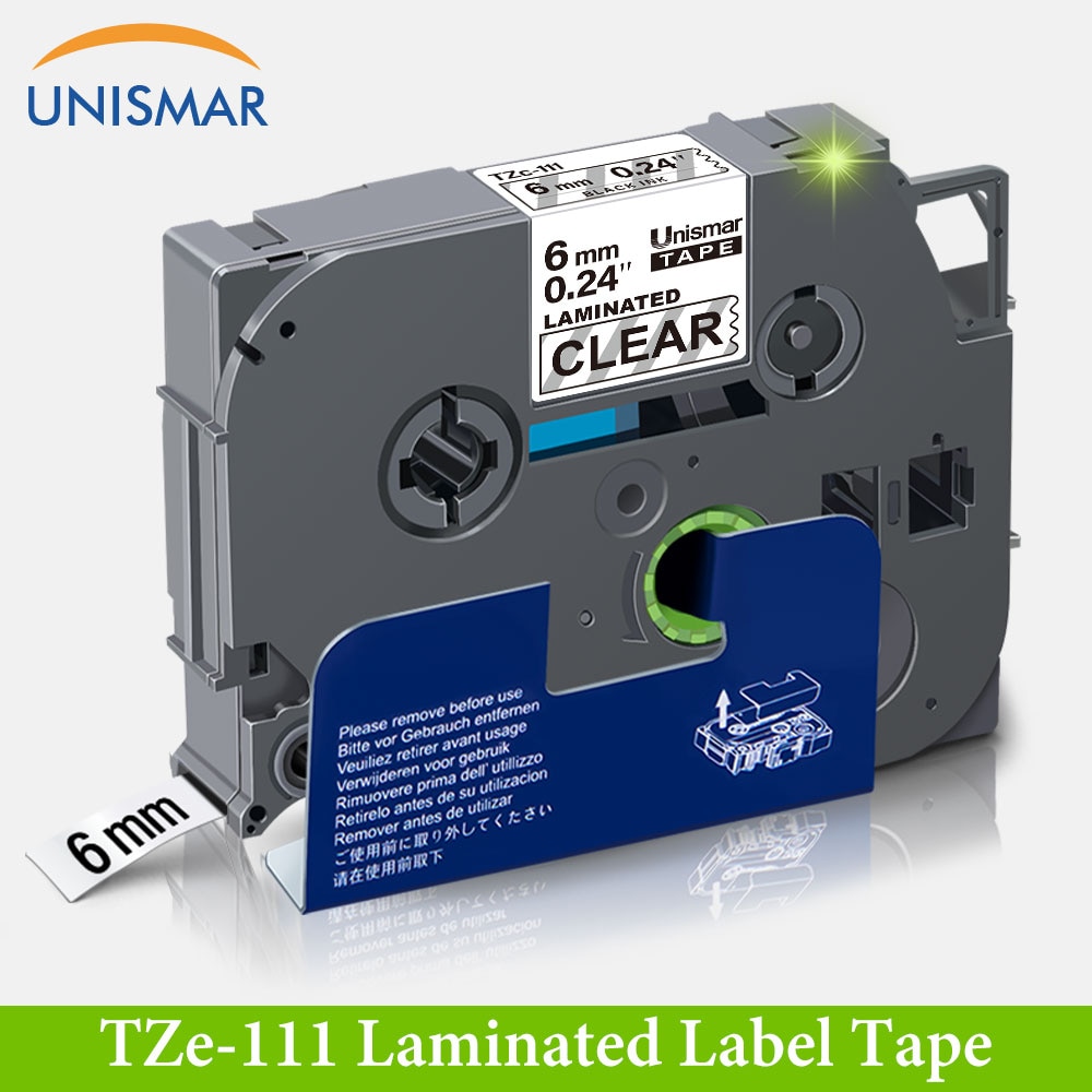 Unismar TZe-111 Black on Clear 1/4" 6mm Label Tape TZ-111 Tze111 Compatible for Brother P-touch PT TZe TZ Ribbon Label Maker