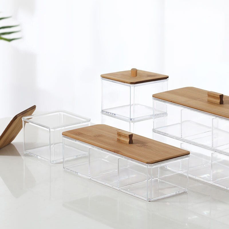 Acrylic wooden storage box Transparent bamboo cover Desktop storage Organizer for kitchen living room Small Storage container