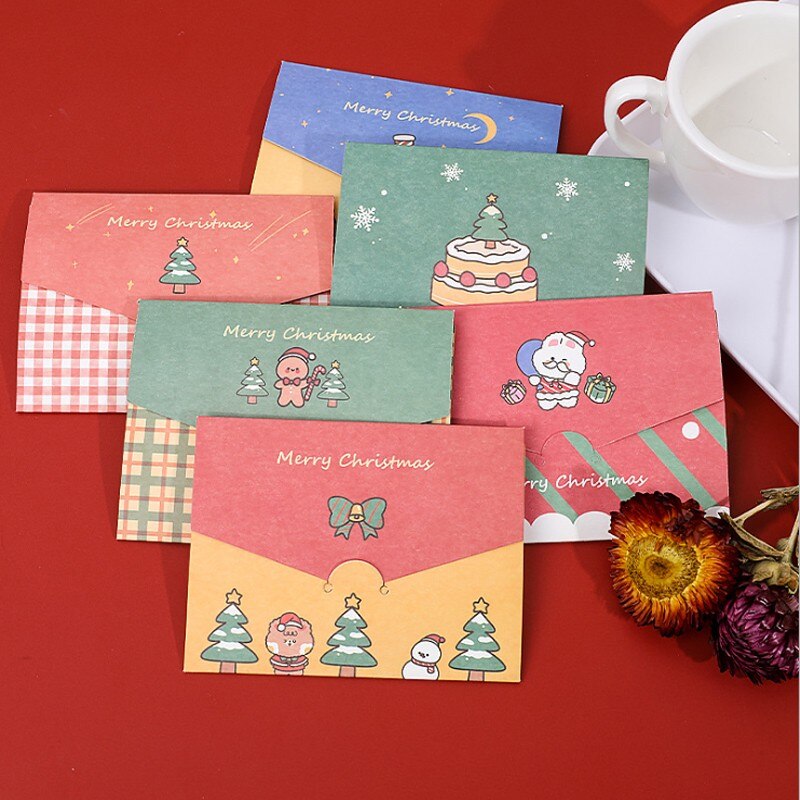 6pcs Christmas series greeting card blessing envelope diy folding message Santa Bunny Elk Gingerbread Man Girl Snowman: Mixed design