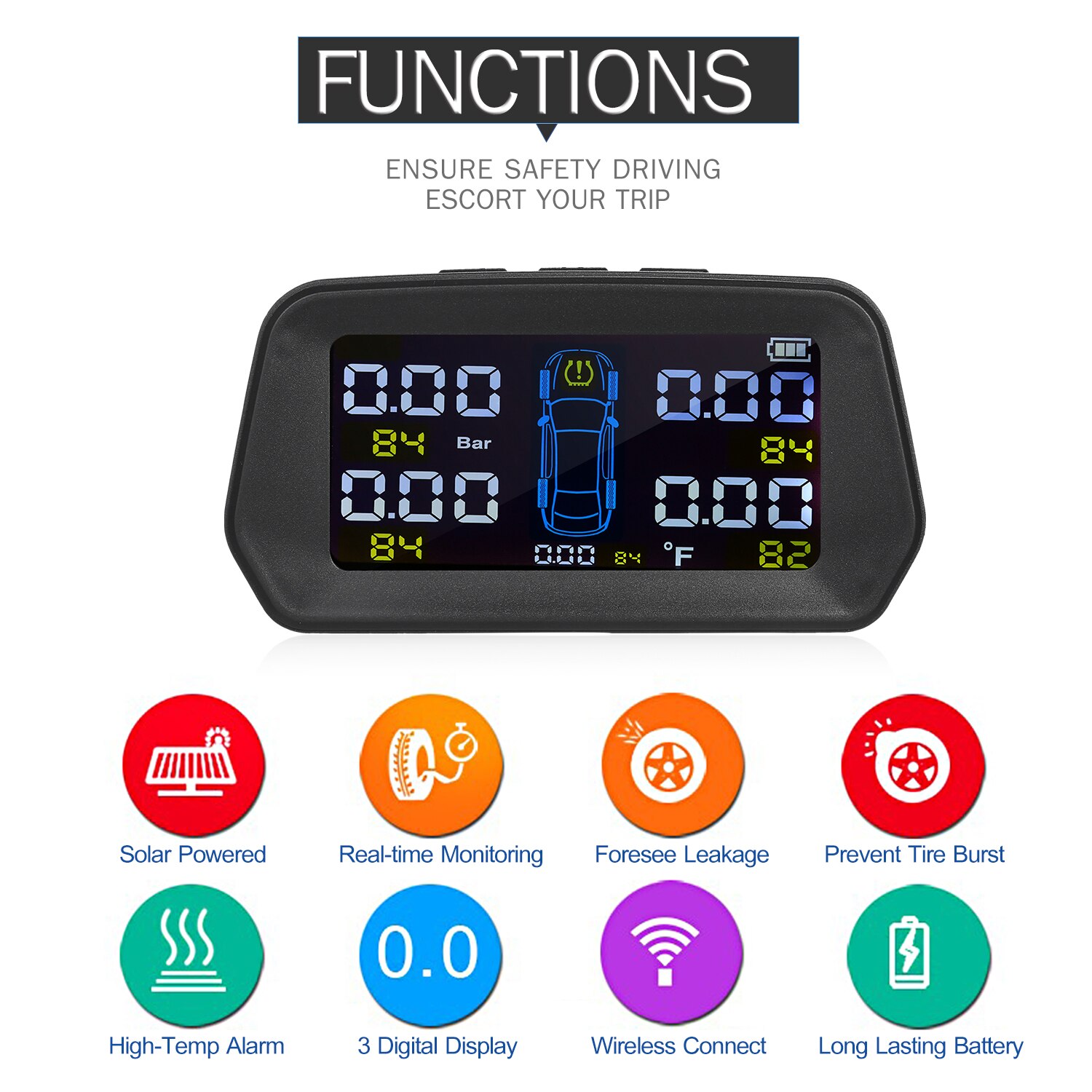 Smart TPMS Tire Pressure Monitoring System Solar Powered with 4/5 External Sensors 6 Alarm Function Real Time Display