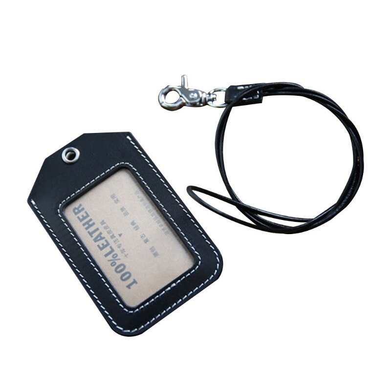 Vertical Style Leather ID Card Badge Holder Case with Neck Strap Lanyard: -BK