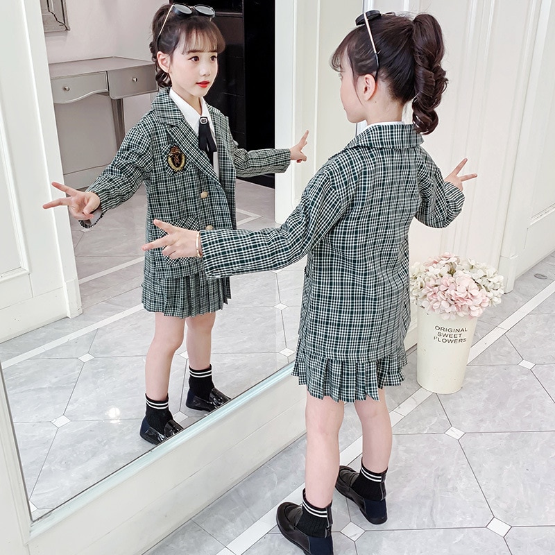 Traje para niña, ropa para niña, chaqueta verde a cuadros, Falda plisada, conjunto de ropa para niña adolescente, chándal escolar para niño de 10 a 12 años