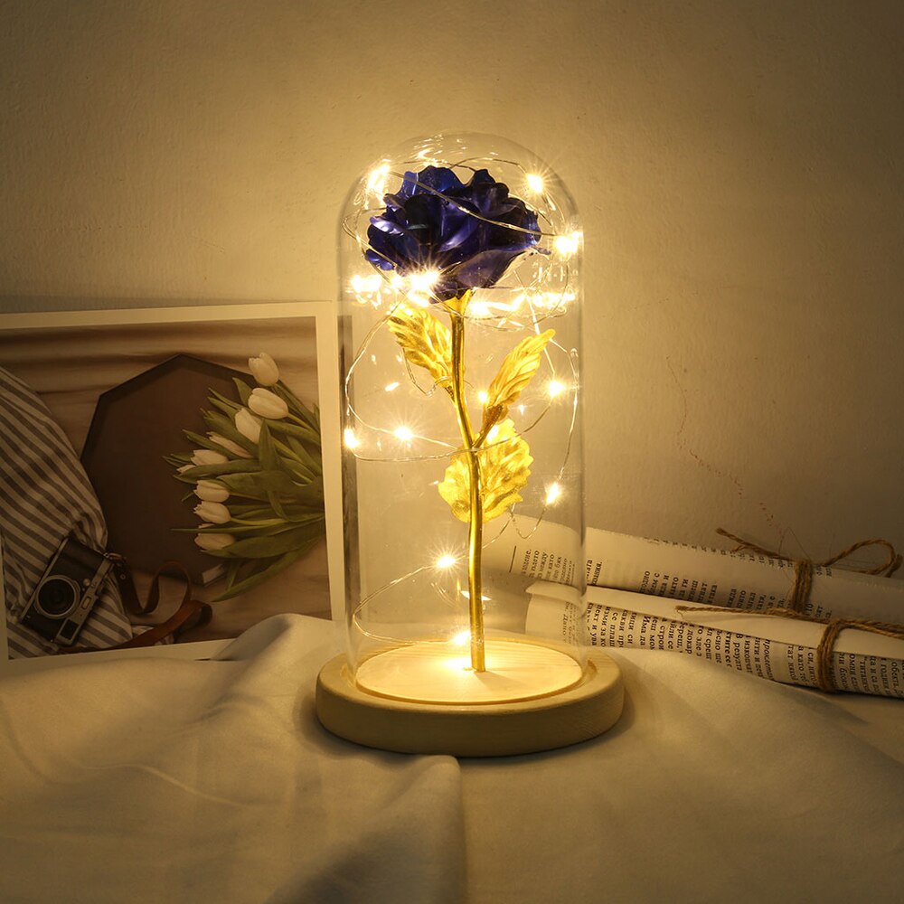 Fødselsdag smuk bevaret rose blomst led lys med glas cover træ base valentinsdag bryllup