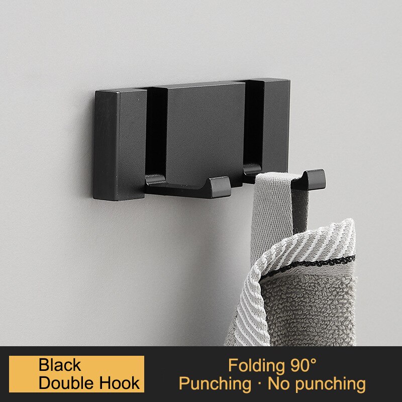 Porte-serviettes pliant Non marquant, sans poinçon, crochets muraux, porte-vêtements, pour salle de bains, cuisine, chambre à coucher, couloir: All Black 2 Hook 90
