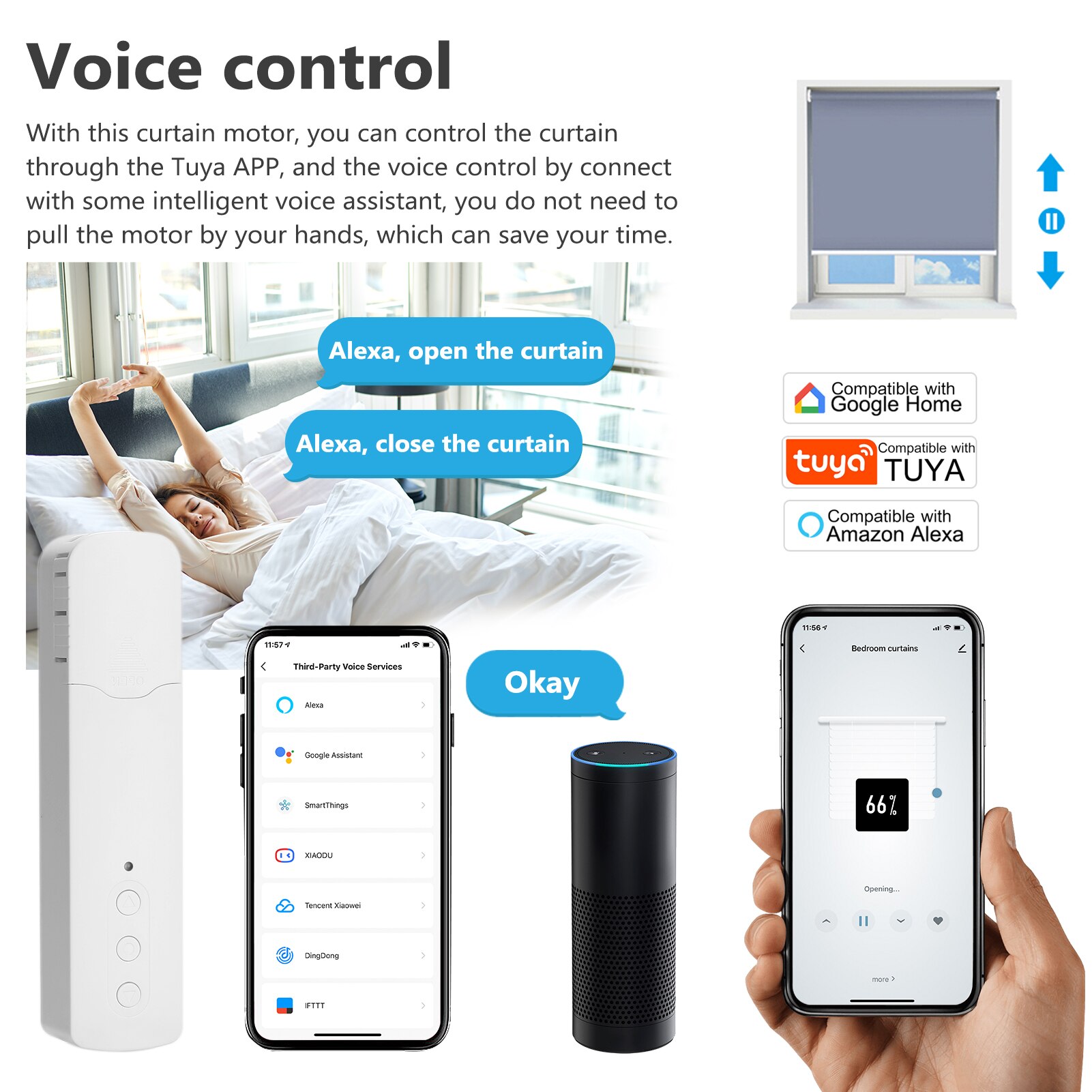 Motor inteligente WiFi para cortina de cuentas, Motor eléctrico inteligente para cortina, Control por voz mediante aplicación de teléfono móvil, Tuya