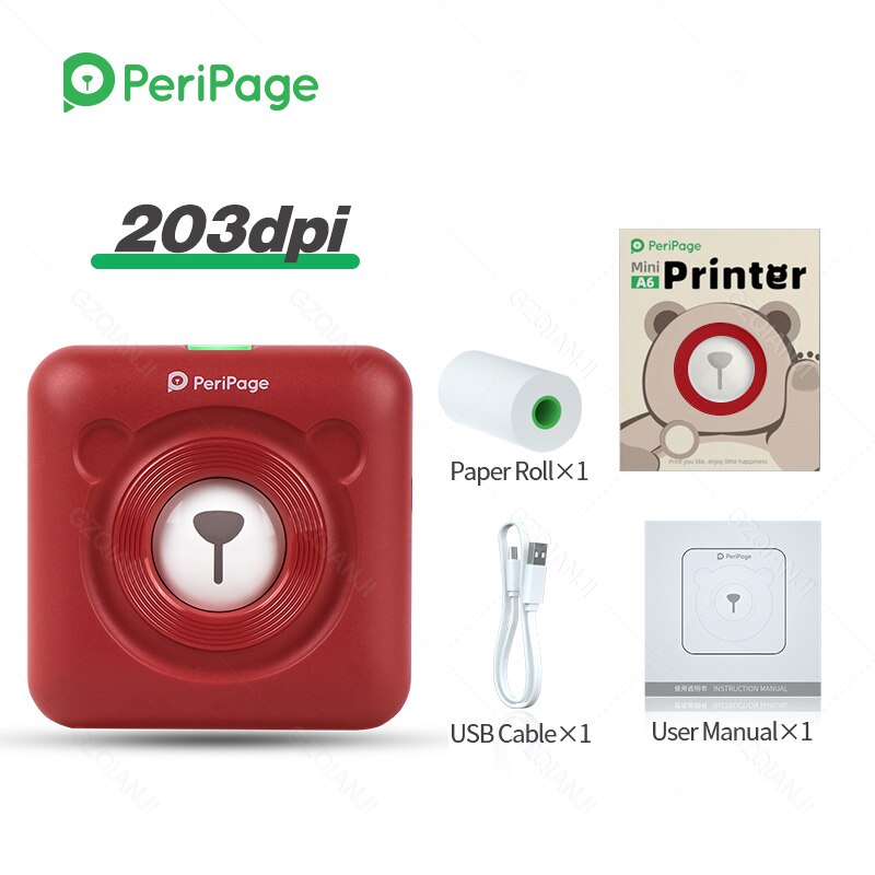 Peripage Rode Draagbare Thermische Bluetooth Printer 203Dpi 2 "Rode Photo Factuur Mini Draadloze Printer Voor Android Ios Mobiele telefoon: Red 203Dpi