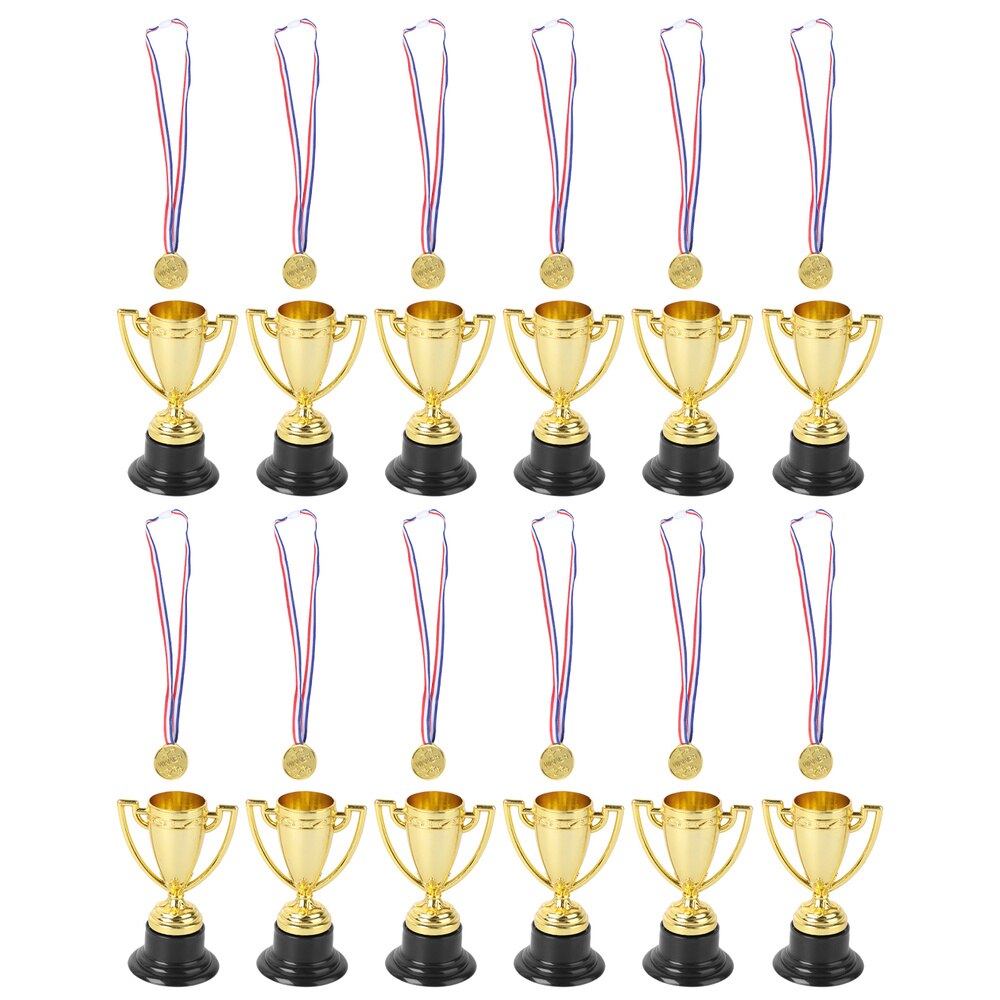 12pcs Mini Gold Cups Trophy and Award Medals Prizes Small Medals Awards Trophy Toys for Students Sport(6pcs Trophie