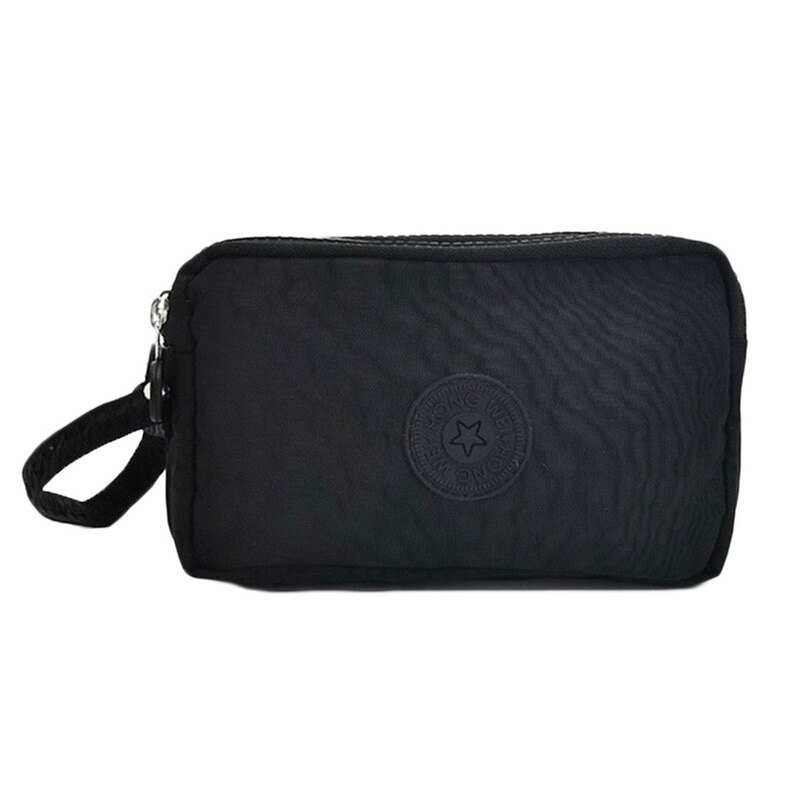 Bolso de teléfono de lona de 3 capas para mujer, cartera corta de tres capas con cremallera, monedero para tarjeta, ,: Negro