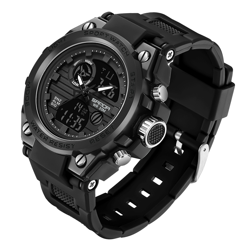 Reloj electrónico SANDA 739 para hombre, cronómetro de cuenta regresiva doble de lujo, resistente al agua, deportivo, Digital, luminoso, batería Original japonesa: Negro