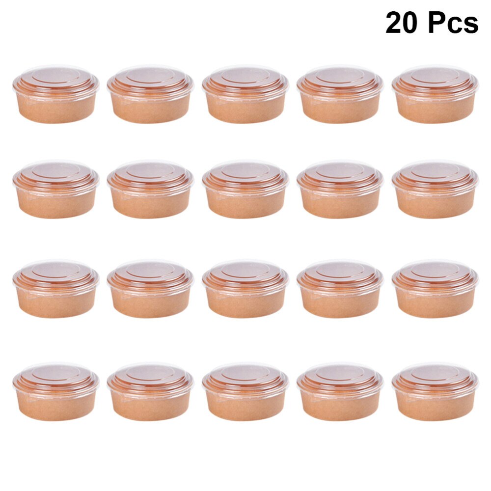 20pcs Disposable Kraft Paper Bowls Fruit Salad Bowl Food Packaging Containers Party Favor (16oz, with Lid)
