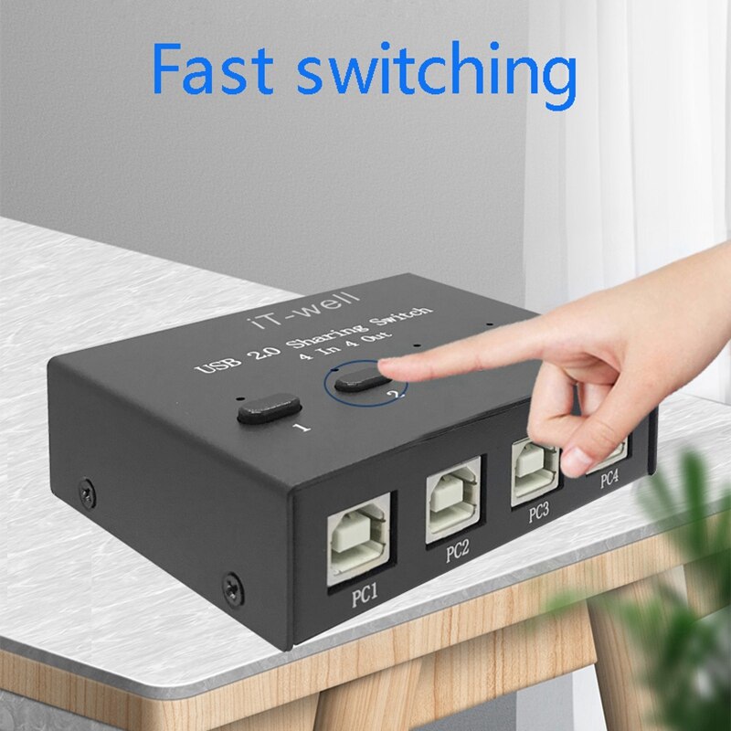 IT-Well USB Printer Sharing Device, 4-Port Manual Switcher, 4 Input and 4 Output Drag Multiple USB Device Sharing Converter