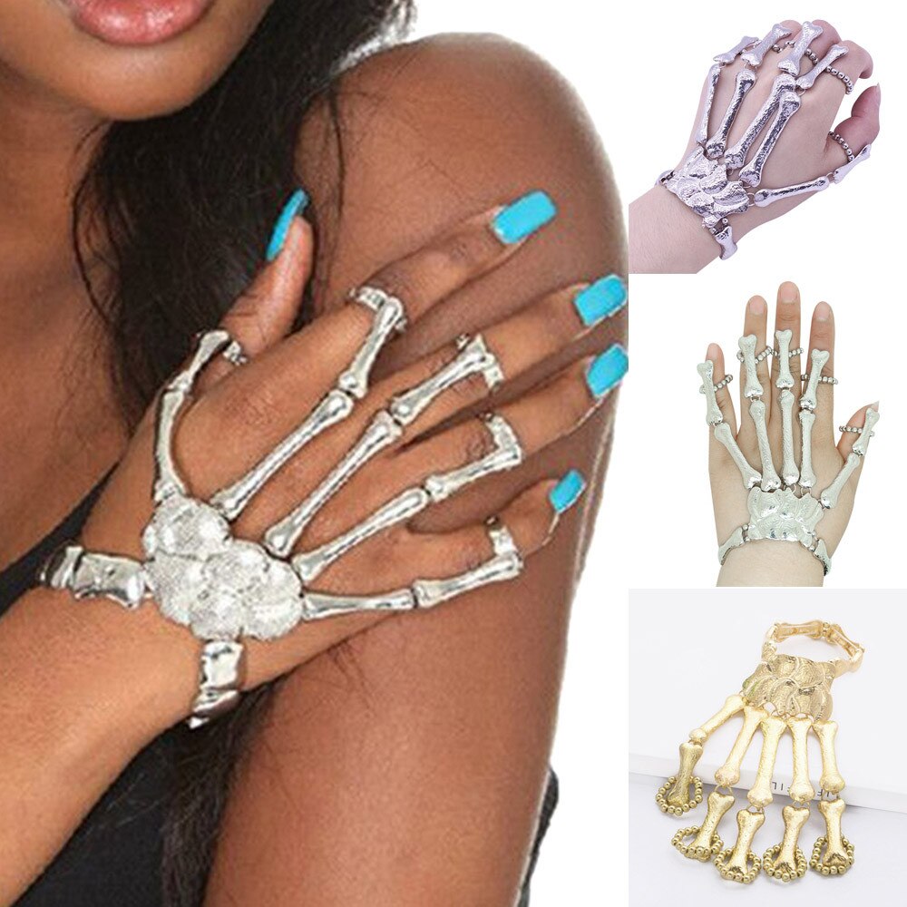 Gratis Struisvogel Zachte Handschoenen Womens Halloween Props Nachtclub Party Punk Vinger Armband Gothic Schedel Handschoen Mode Handschoenen