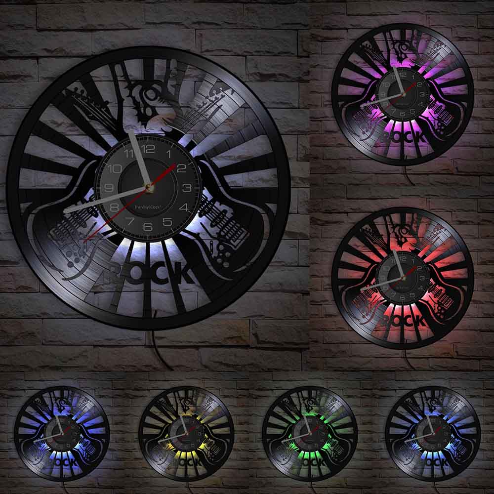 Rock Hand Sign Wall Art Wall Clock Music Room Wall Decor Vinyl Record Clock Rock Music Lover Guitar Players Guitar Ornament: With LED